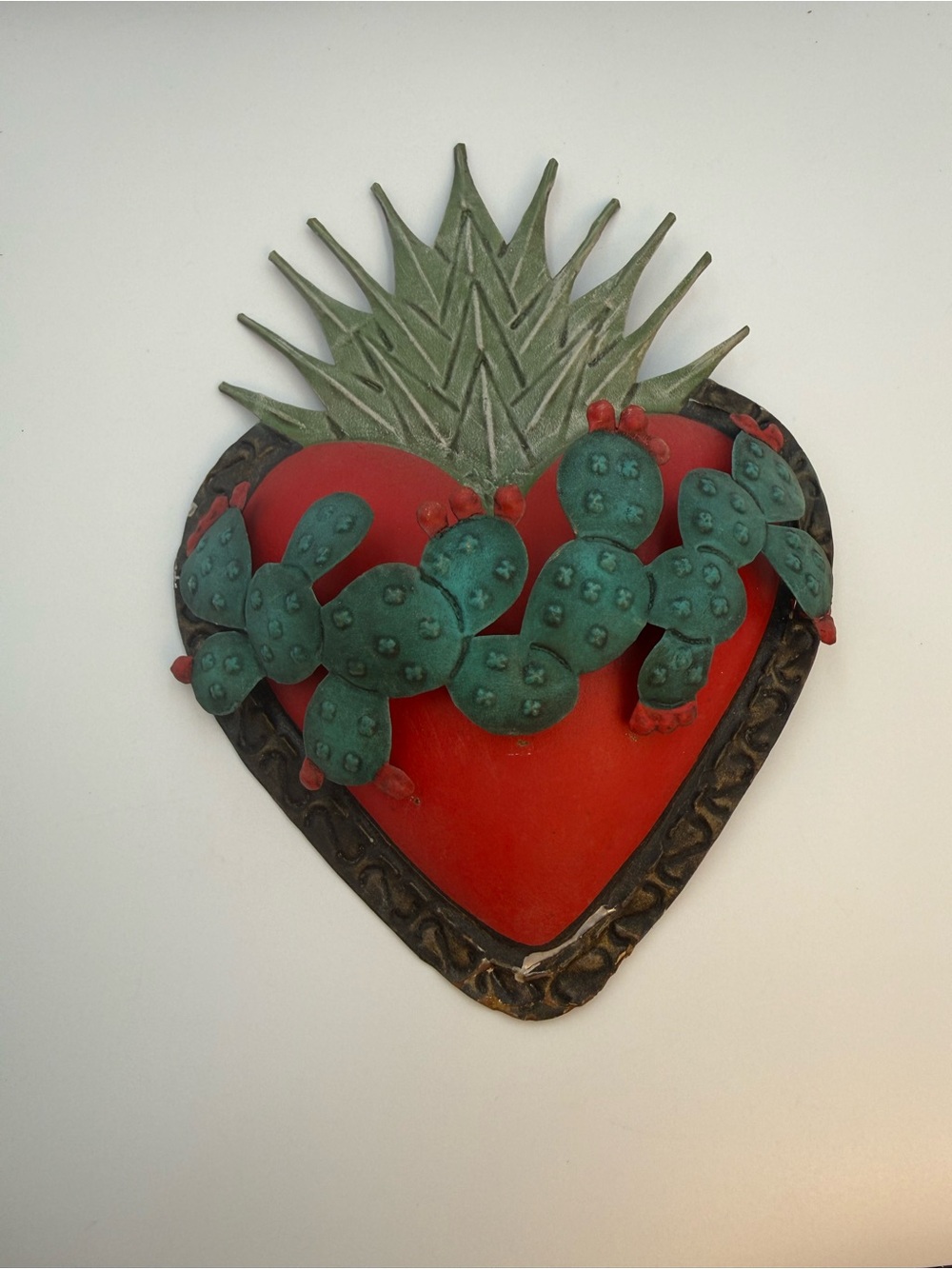 Punched TIN HEART Sacred Heart with Flames, CACTUS Heart 9”